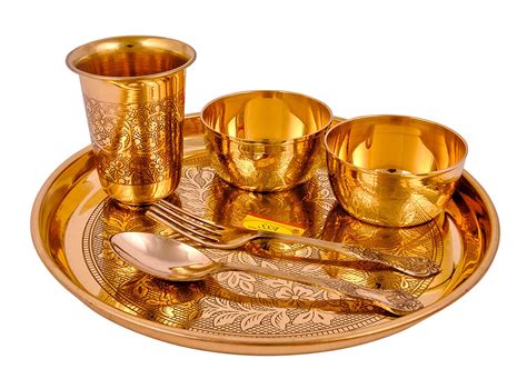 Pure Brass Thali Set | Dinner Set | Engraved Flowers Design - 6 Pieces ...