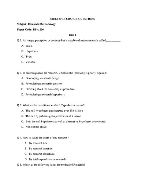 Research methodology mcq - MULTIPLE CHOICE QUESTIONS Subject: Research Methodology Paper Code ...