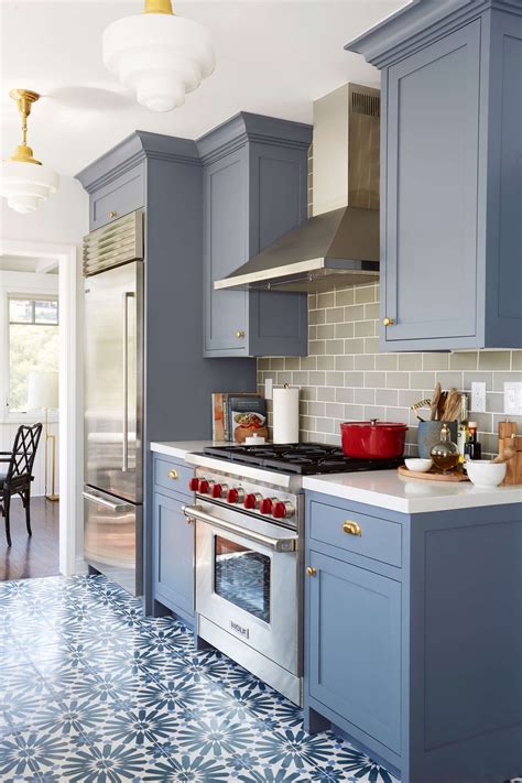 Modern Blue-Grey Kitchen Cabinets with Patterned Floor Tile