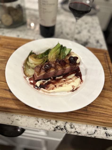 Sous vide duck breast | potato purée | duck fat bok choy | cherry port ...