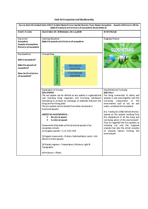 Unit III: Ecosystem and Biodiversity Notes - CE 22447 Environmental ...