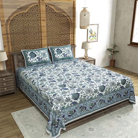 Super King Size Pure Cotton Hand Block Print Bedsheet (Teal and Blue F ...