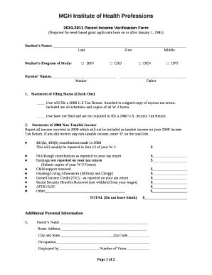 2010-2011 Parent Income Verification Doc Template | pdfFiller