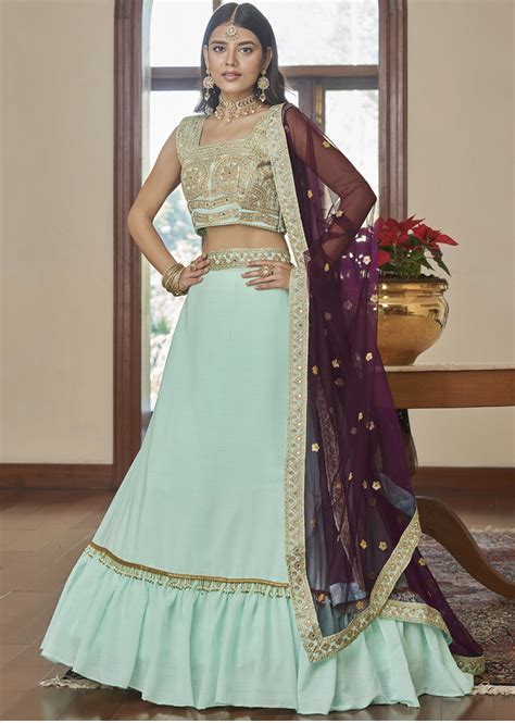 Light Green Party Wear Silk Frill Lehenga Choli - Lehengas Designer ...