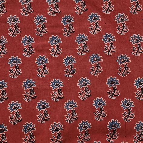 Pure Cotton Ajrak Rust Red With Blue Flower Motif Hand Block Print Fab ...