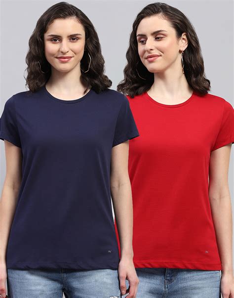 Buy Women Navy Blue & Red Solid Round Neck Half Sleeve Top (Pack of 2 ...