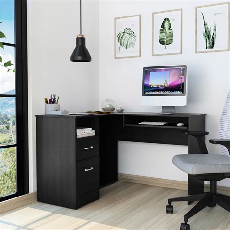 L-Shaped Black Particle Board Desk+Retractable Keyboard Tray”-“Corner ...