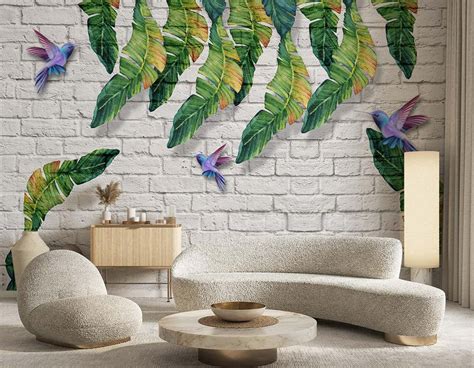 Banana Leaves On Brick Design Tropical Pattern Wallpaper