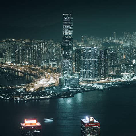 Download wallpaper 3415x3415 night city, aerial view, buildings, river ...