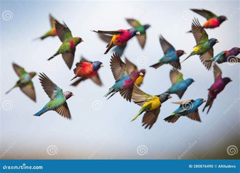 Group of Colorful Birds Flying in Formation Stock Illustration ...