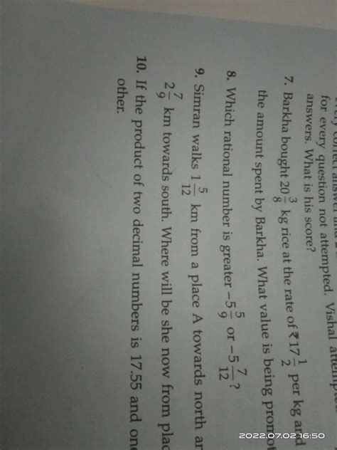 which rational number is greater -5 whole 5by9 or -5 whole 7by12 ...