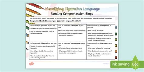 Identifying Figurative Language Reading Comprehension Bingo