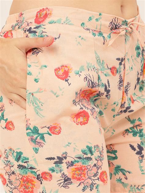 Women Peach-Coloured & Green Printed Night suit