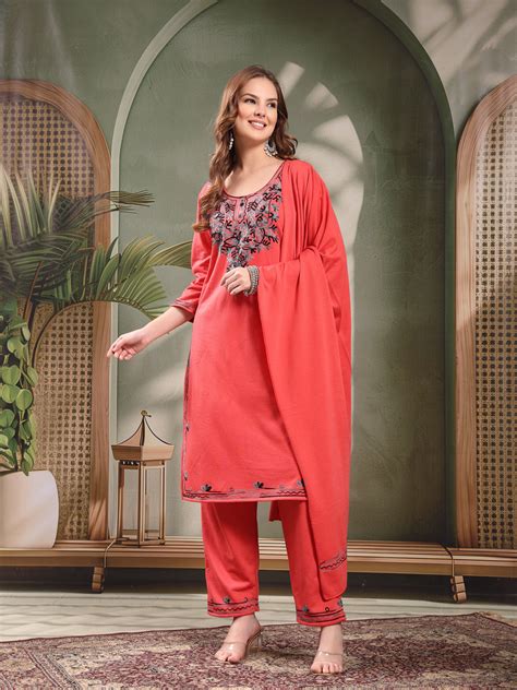 Women's Woollen Embroidered Kurta Set | Winter Ethnic Wear 3-Piece ...