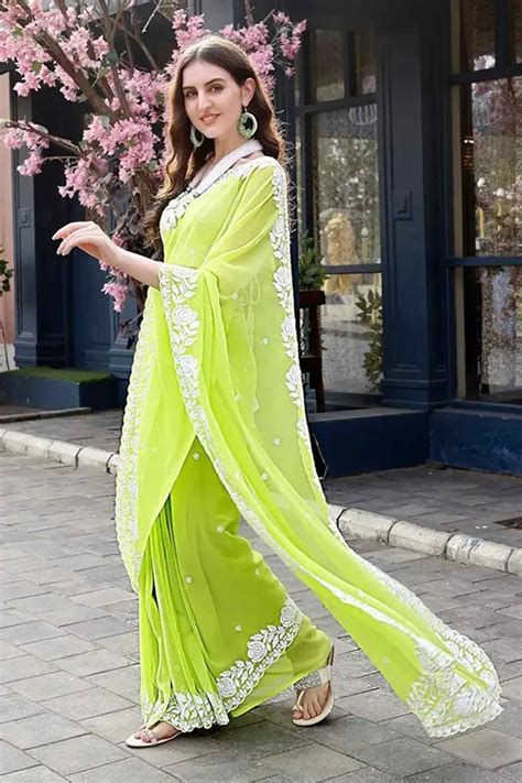 Lime Green Floral Embroidered Georgette Saree