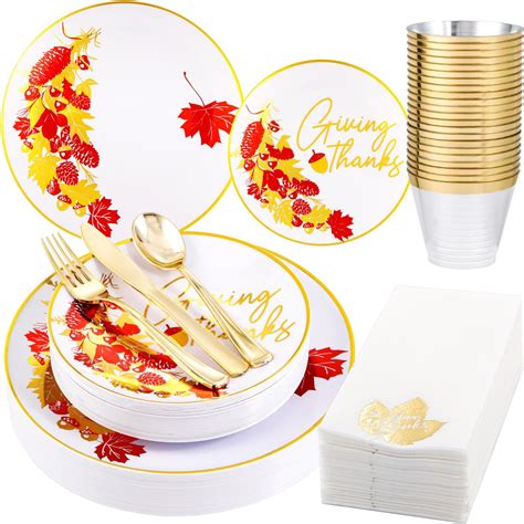 Amazon.com: Hioasis 175pcs Thanksgiving Plastic Plates - White and Gold ...