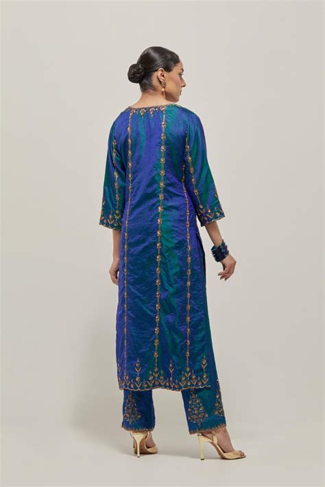 Teal Blue silk straight kurta set with round neck and slit in front. I ...