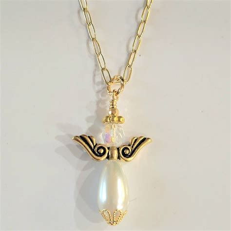 Angel Crystal Pearl Teardrop Pendant Angel Silver Gold Crystal Necklace ...