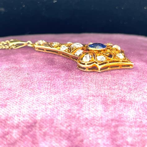 Yellow Gold Edwardian Sapphire and Old Miner Cut Diamond Pendant and ...