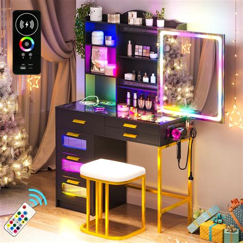 HNEBC RGB Makeup Vanity Cabinet Stool Table Set Black - Walmart.com