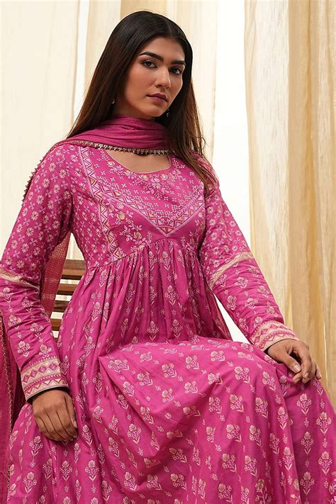 Buy Onion Pink Cotton Printed Anarkali Suit Set Online at Biba India