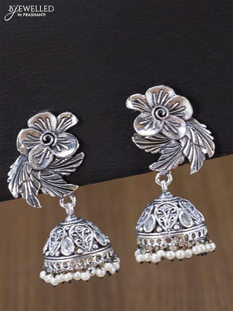 Oxidised jhumka floral & leaf design with cz stones and pearl hangings ...