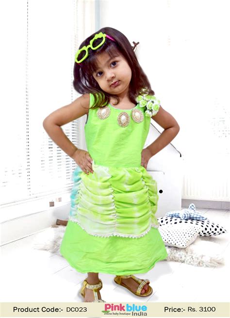 Stylish Neon Green Raw Silk Flare Fashion Dress for Girls in Georgette ...