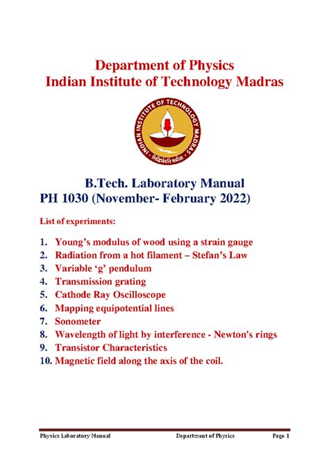 PH 1030: B.Tech Laboratory Manual with Experiments and Procedures - Studocu