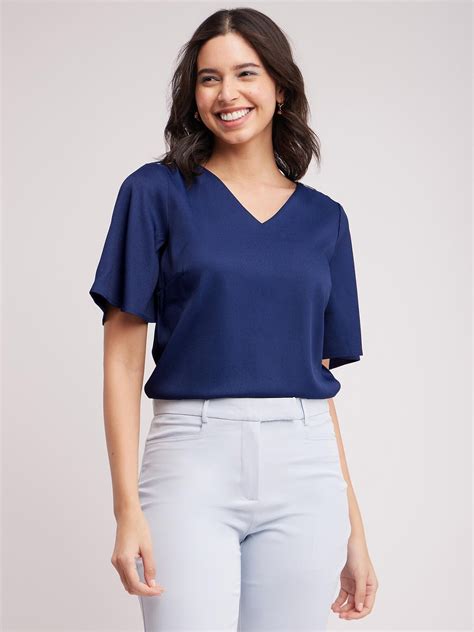 Buy Navy Blue Bell Sleeves V Neck Top Online | FableStreet