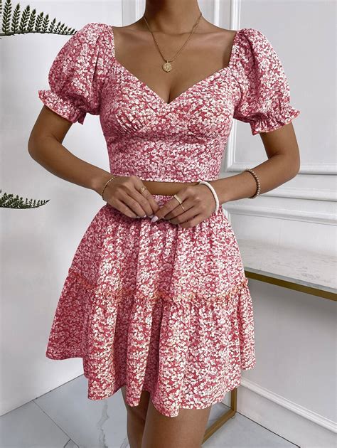 Ditsy Floral Print Zip Back Crop Top & Frill Trim Skirt Set | SHEIN USA