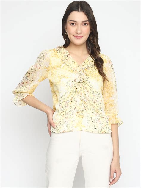 Yellow 3/4 Sleeve Printed Regular Blouse With Ruffles