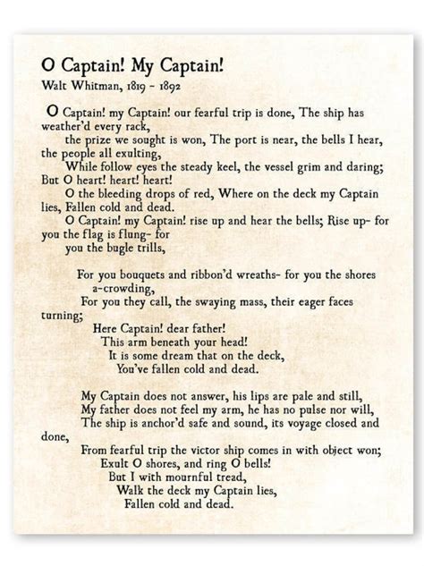 O Captain! My Captain!, Walt Whitman Poetry Art Print, Literary Quote ...
