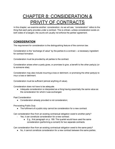 LAW 122 Chapter 8 Notes - CHAPTER 8: CONSIDERATION & PRIVITY OF ...