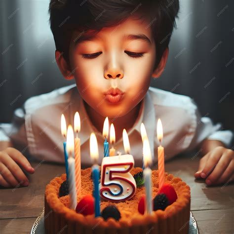 Premium Photo | Young Boy Blowing Out Candles on a Birthday Cake at ...