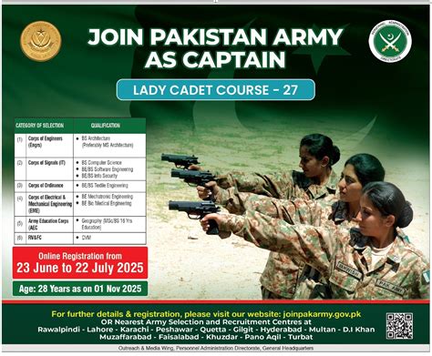 Pak Army Female Captain Jobs 2025 Lady Cadet Course LCC-27