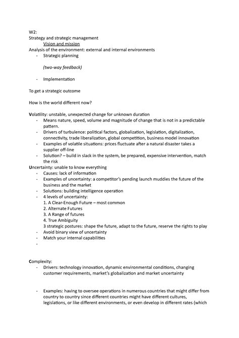 W2 VUCA notes - W2: Strategy and strategic management Vision and ...