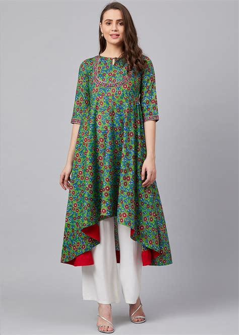 Get Green Floral Printed High-Low Kurta at ₹ 1499 | LBB Shop
