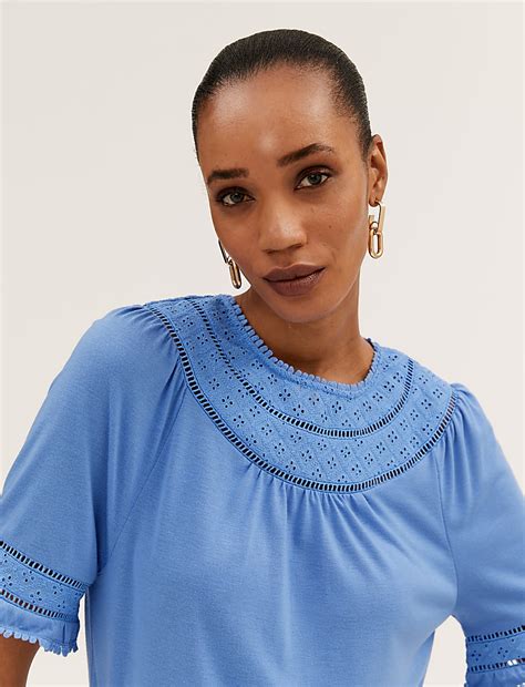 Buy Regular Fit Lace Insert Short Sleeve Top at Marks & Spencer