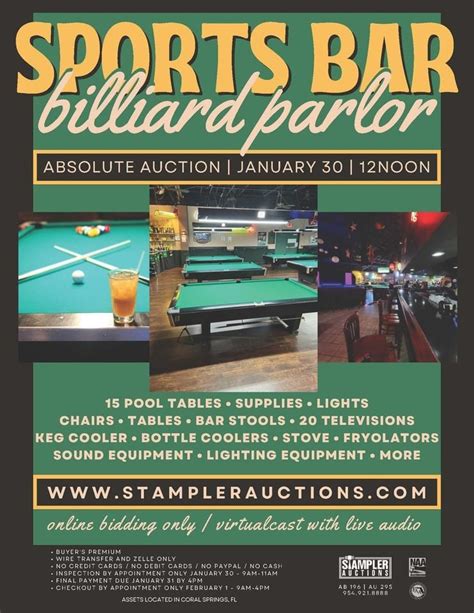 SPORTS BAR / BILLIARD PARLOR - ABSOLUTE AUCTION, Online event, Davie ...