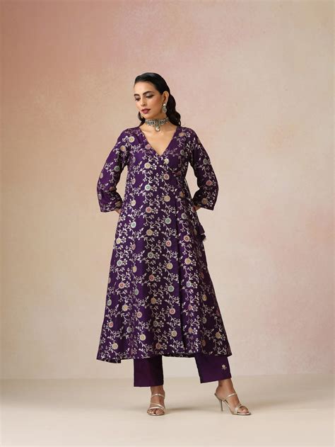 trueBrowns Purple Brocade Angrakha Kurta Set