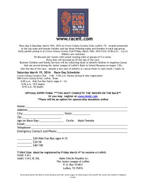 Fillable Online juniorleagueoflufkin 2016 JLL Fun Run- Registration ...