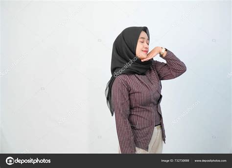 Indonesian Woman Wearing Hijab Wears Brown Striped Shirt Typical Jogja ...
