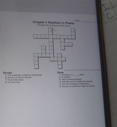 Chapter-1 Nutrition in Plants Complete the crossword puzzle below ...