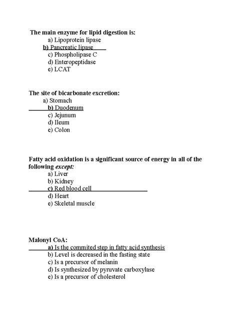 Lipid metabolism mcq 1 - The main enzyme for lipid digestion is: a ...