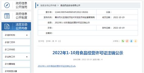 广东省惠州市大亚湾经济技术开发区市场监管局公示2022年1-10月食品经营许可证注销名单-中国质量新闻网
