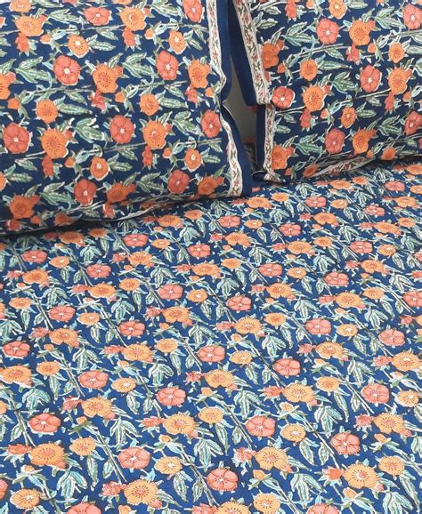 Blue Base Floral Print Handblock Printed Premium Bedsheet – The ...