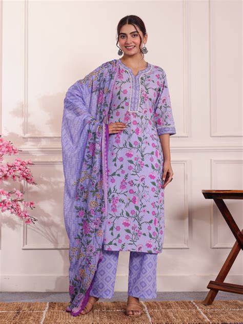 Buy Embroidered Soft Cotton Solid Purple Kurta, Trousers & Dupatta ...