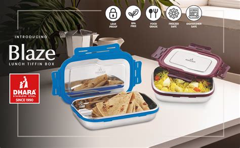 Buy Dhara Stainless Steel Blaze Airtight Leak Proof Lunch Box 900 ml ...