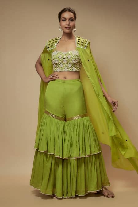 Buy Green Silk Organza, Chiffon Pearls, Sequins, Beads Embellished Cape ...