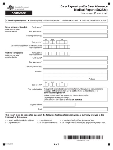 Medical Report SA332a for Carer Payment and/or Carer Allowance - Fill ...